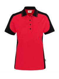 Rotes Damen Arbeits Poloshirt mit schwarzen Kontrasteinsätzen und Vier-Loch-Knopfleiste – strapazierfähig und pflegeleicht für Handwerk, Pflege und Gastronomie.